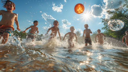 A detailed image of children playing with a beach ball in the shallow waters of a lake, with the sun shining brightly and the clear blue sky above, capturing the carefree spirit of summer.の素材