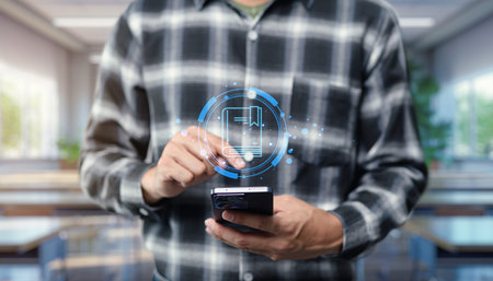 A person interacts with a smartphone, exploring digital resources to gain knowledge and skills, symbolizing the growth and innovation in personal education.の写真素材