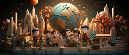 A vibrant 3D cartoon depiction showcasing children celebrating International Education Day, surrounded by a globe and nature, highlighting the joy of learning and community spirit.の素材