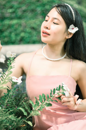 A captivating portrait of a young woman in a pink dress, gracefully interacting with blooming flowers in a lush outdoor garden setting, radiating beauty and tranquility.の写真素材