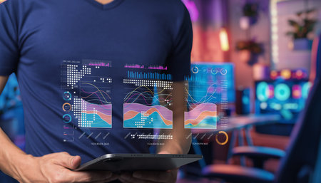 A young professional engages with an advanced tablet displaying vibrant data visualizations in a...