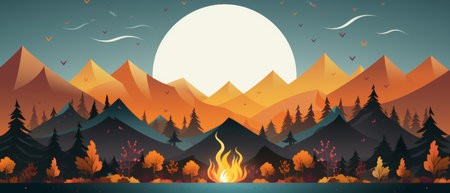 Celebrate Lohri with this vibrant winter landscape showcasing a bonfire surrounded by mountains and trees. Perfect for cultural themes and festivities.の素材
