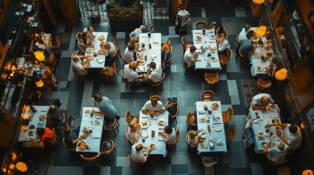 A vibrant restaurant scene captures the energy of lunchtime with customers enjoying their meals at well-set tables in a bustling environment.の素材