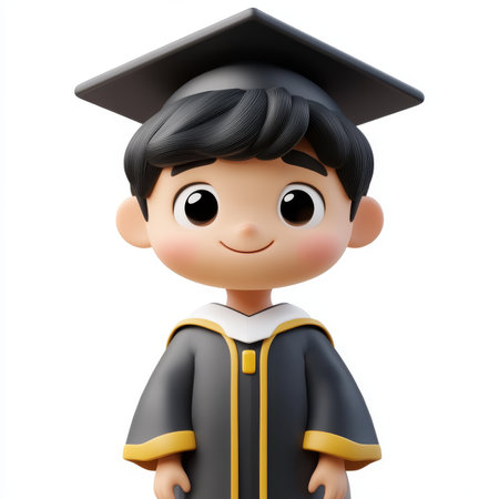 This 3D cartoon character features a cheerful child in a graduation gown and cap, embodying joy and celebration of academic success in a vibrant style.の素材