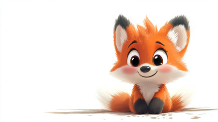 This adorable cartoon character features a fluffy orange fox with a big smile, sitting against a clean white background. Perfect for children's themes!の素材