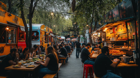 A vibrant outdoor street food scene filled with people enjoying meals at communal tables. It captures the essence of socializing, culinary delights, and urban life, with food trucks and warm evening lights enhancing the cozy atmosphere.の素材