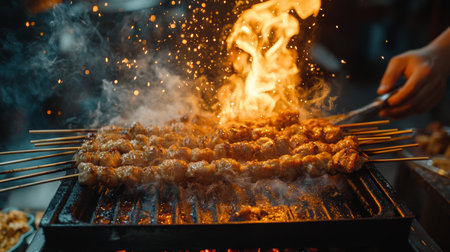 A skilled chef grilling skewers of marinated meat over an open flame at a bustling street food stall, creating an enticing aroma and vibrant cooking scene.の素材