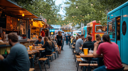 A vibrant outdoor street food scene bustling with people enjoying meals at tables. Colorful food trucks line the street under twinkling lights, creating a lively community atmosphere.の素材