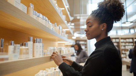 A woman carefully organizes skincare products on display in a beauty shop. Soft light enhances the modern ambiance, highlighting the variety of personal care items available for customers.の素材