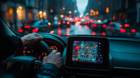 Close-up view captures a hand adjusting the navigation system in a vehicle while driving through a bustling urban street at night, showcasing modern technology in action.の素材