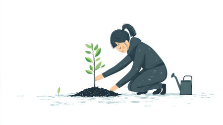 Delightful cartoon character kneeling on the ground, planting a small tree seedling with care. The illustration emphasizes nature and growth.の素材