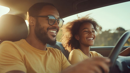 A joyful family road trip scene capturing a smiling driver and happy passenger. The sunlight enhances their expressions of enjoyment and connection on their adventure.の素材