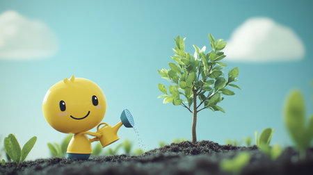 A charming cartoon character joyfully plants a small tree in a bright and minimalistic setting. Perfect for themes of nature and childhood joy.の素材
