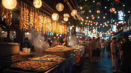 This vibrant night market scene showcases a variety of street foods with illuminated lanterns creating a warm atmosphere. The sight of sizzling dishes, flavorful snacks, and happy diners embodies the essence of a bustling culinary experience.の素材