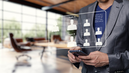 Explore a modern organizational resource diagram featuring team connections, showcasing member interactions and communication in a professional workspace.の写真素材