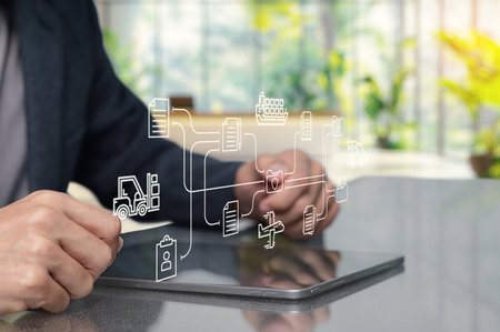 Explore a modern concept of supply chain management featuring technology icons on a tablet. This image showcases logistics and efficient operations, reflecting industry dynamics.の写真素材