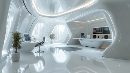 Discover a futuristic 3D office design featuring sleek white aesthetics and high-tech elements. This innovative workspace blends minimalism with modern technology for optimal productivity.の素材