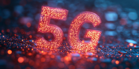 Explore a photorealistic depiction of 5G technology showcasing vibrant designs and abstract elements, representing the future of communication and connectivity.の素材