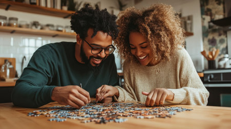 A couple joyfully working together on a jigsaw puzzle at home. The scene captures their smiles and focus, reflecting fun and connection in a cozy indoor setting.の素材