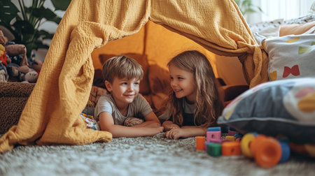 Two children are smiling while inside a cozy blanket fort in their living room. Engaged in playful activities, they enjoy their imaginative space filled with soft toys and colorful blocks.の素材