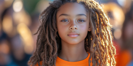 A young activist with beautiful natural hair stands proudly at a social impact event, embodying hope and determination for a brighter future.の素材