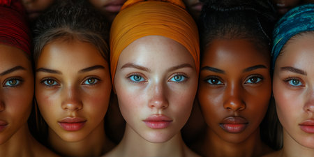 A captivating photorealistic image showcasing diverse female faces, symbolizing social impact and activism. This artwork embodies beauty, unity, and resilience in the fight for equality and empowerment.の素材