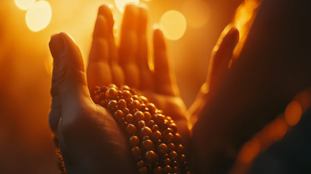 A close-up view of hands in prayer holding delicate religious beads, illuminated by a warm glow. This image captures the essence of spirituality and inner peace.の素材