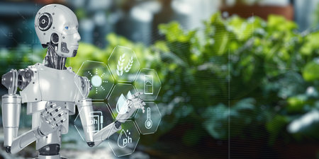 A futuristic AI robot assists in analyzing product quality and monitoring nutrient levels in...