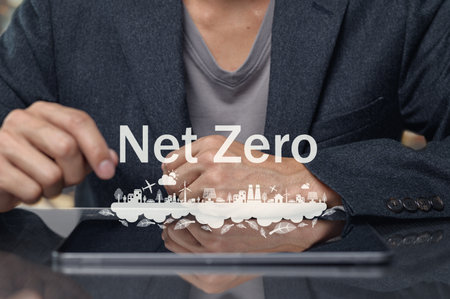 Visual representation of the Net Zero concept showing sustainable business practices. Highlights the importance of reducing emissions for a healthier planet.の写真素材