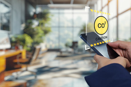 A person holds a smartphone displaying a caution sign about carbon dioxide levels in a modern office. This image emphasizes health and safety awareness in today's work environments.の写真素材