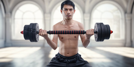 A focused young man lifts heavy dumbbells in a bright fitness studio. His determination and strength showcase his commitment to an active and healthy lifestyle.の写真素材