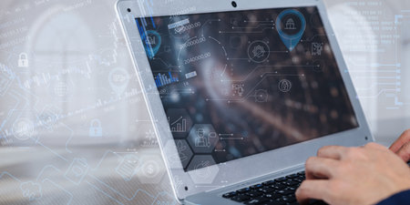 This image showcases the concept of Internet of Things on a laptop, highlighting data visualization and connectivity, illustrating modern technology and innovation.の写真素材