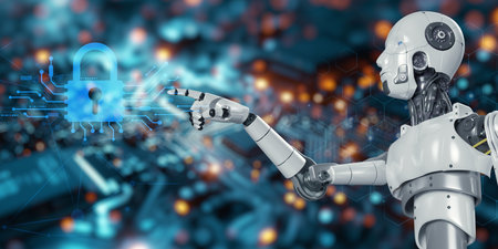 Explore the concept of AI robotics coupled with cybersecurity features, showcasing a futuristic robot engaging with digital security elements in a high-tech environment.の写真素材