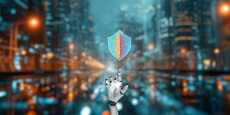 A futuristic robot hand interacts with a shield symbol, representing security and technology. The illuminated cityscape in the background enhances the sci-fi atmosphere.の写真素材