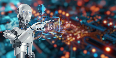 A futuristic robot engages with a digital security interface, emphasizing the importance of cybersecurity. The visual combines advanced technology with robotics to illustrate data protection concepts.の写真素材