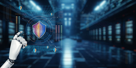 A futuristic AI robot system displaying a secure digital shield design. The environment reflects advanced technology with a focus on cybersecurity and automation.の写真素材
