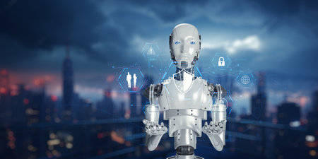 This image showcases an advanced AI robot operating in a futuristic city, emphasizing technology, security, and human interaction in a digital environment.の写真素材