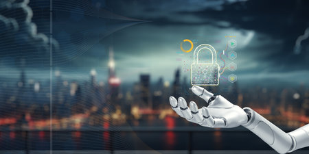 A futuristic robot hand showcases a digital security lock against a city skyline, symbolizing advanced technology, AI, and cybersecurity in a modern urban environment.の写真素材