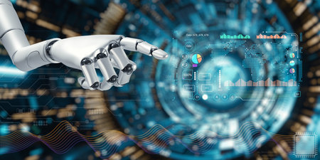 A futuristic robot hand interacts with a digital interface, showcasing data analysis, interactive charts, and visualizations, representing advanced technology and innovation.の写真素材