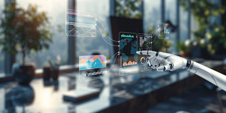 A robotic hand interacts with a digital interface showcasing various data visualizations and charts,...