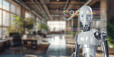 A modern robot system supports data analysis and visualization in a sleek workspace. The robot interfaces with digital elements to enhance efficiency and insight.の写真素材