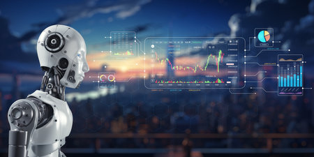 A futuristic robot system aids in advanced data analysis and calculation. The digital interface displays various charts and graphs against a vibrant city skyline backdrop.の写真素材