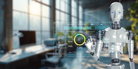 A modern robot system assists in analyzing and calculating data in a sleek office environment, showcasing futuristic technology and digital insights.の写真素材