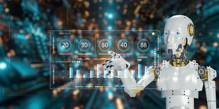 A futuristic robot system demonstrating its ability in calculating and analyzing data on a digital chart interface, showcasing advanced technology and analytics.の写真素材