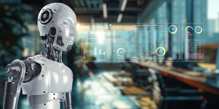 A futuristic robot system in a modern office setting, processing data and analyzing charts. This image illustrates advanced technology enhancing business productivity and insights.の写真素材