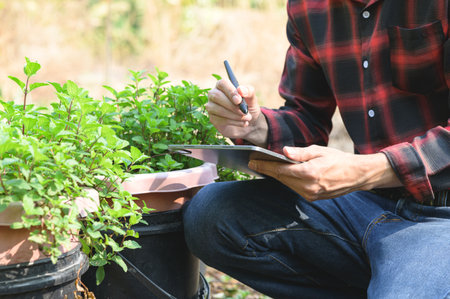 A person engaged in note-taking while seated among potted plants in a sunlit garden, capturing observations on plant growth and care techniques.の写真素材