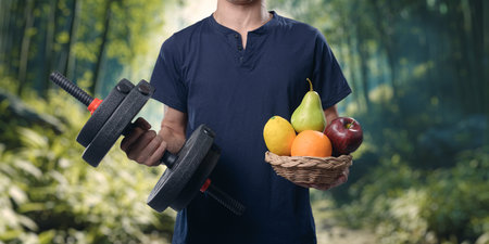 Embrace a healthy lifestyle by combining exercise with fresh fruits. This image showcases a person...