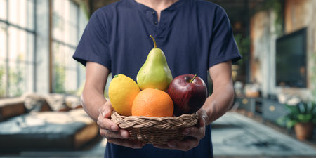 A person holding a beautiful basket filled with fresh fruits in a cozy indoor setting, symbolizing healthy living and nourishing choices for overall wellness.の写真素材