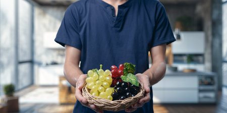 A vibrant collection of fresh fruit showcasing grapes and berries in a bowl, perfect for promoting healthy eating and nurturing your wellness.の写真素材