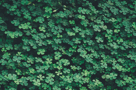 Explore a dense and vibrant background of green four-leaf clovers, showcasing natureの写真素材